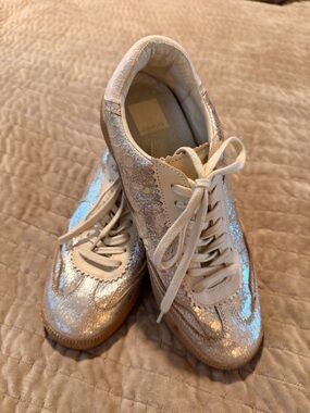 Dolce Vita Silver Metallic Lace-Up Sneakers with Cream Details